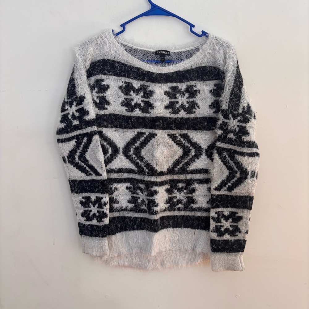 Express Black & White Fuzzy Fair Isle Sweater | Size Small